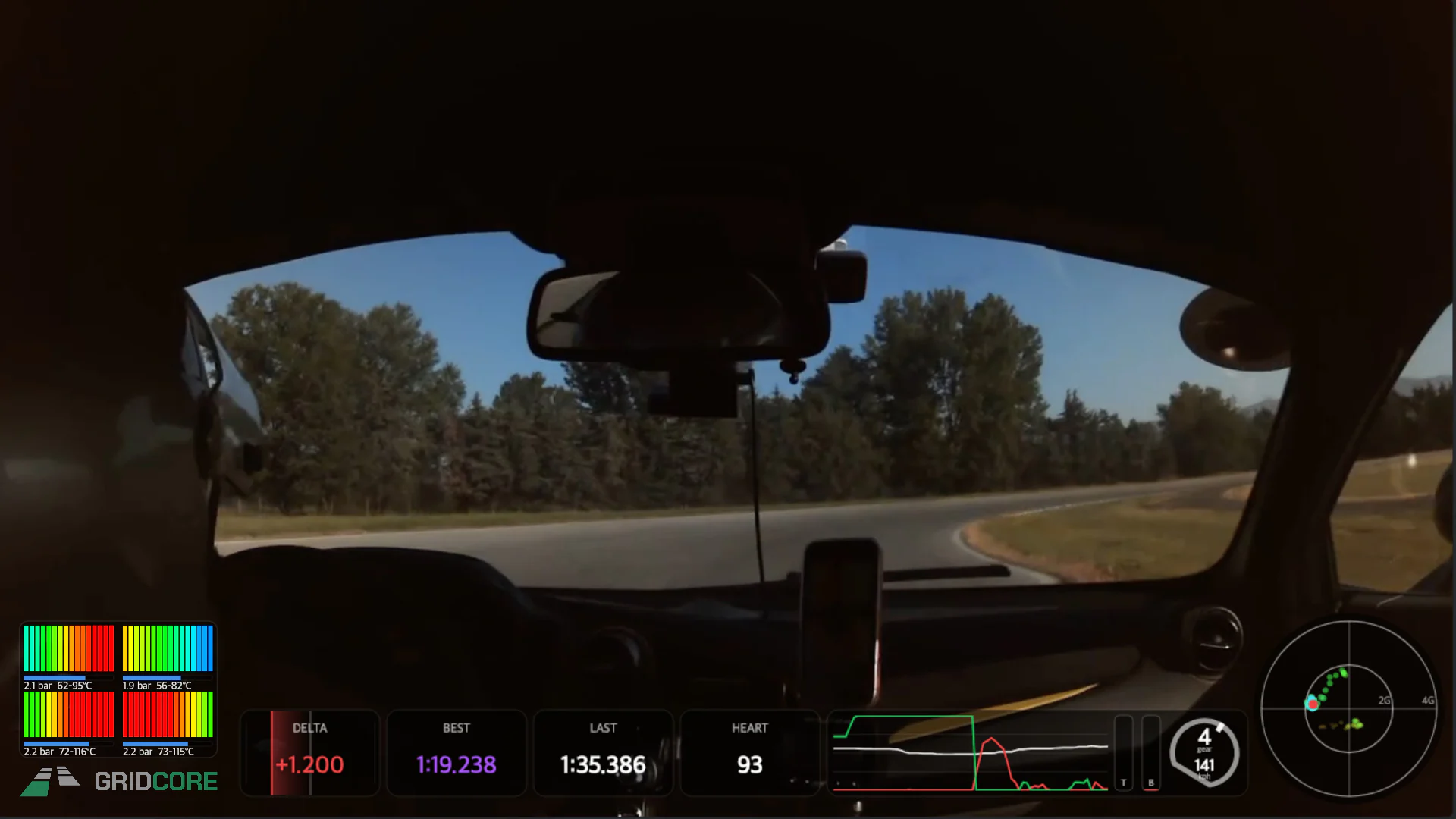 Interior driving video with tire, lap timing, inputs and G-force overlay