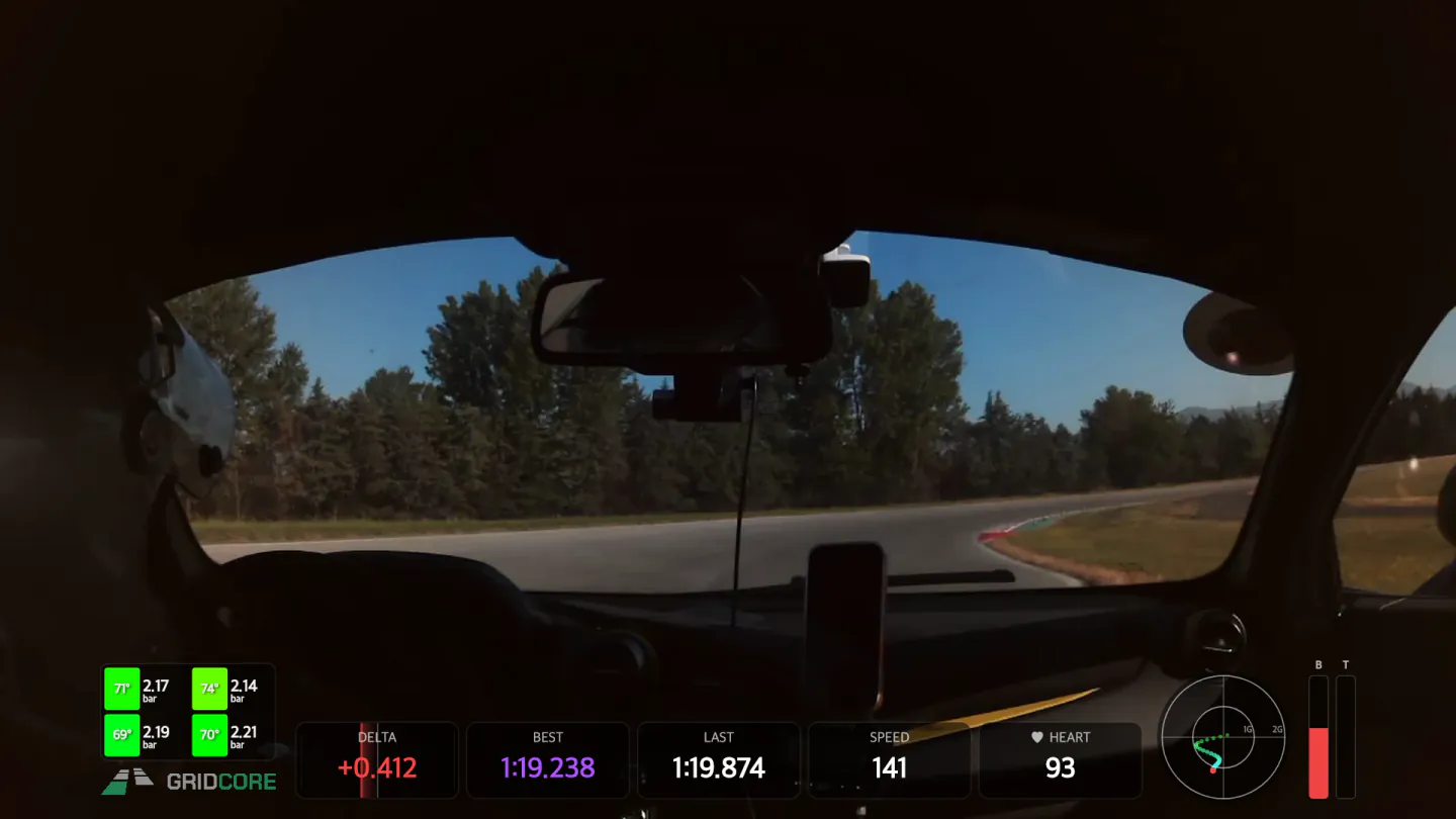 Interior driving video with classic GridCore telemetry overlay